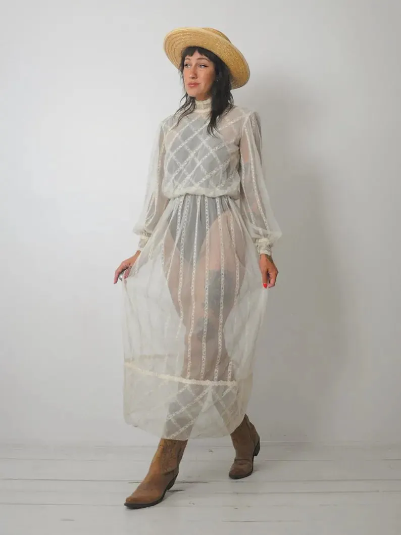 1970's Ivory Sheer Netted Dress