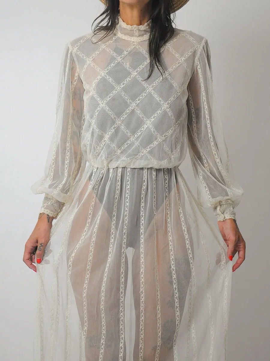 1970's Ivory Sheer Netted Dress