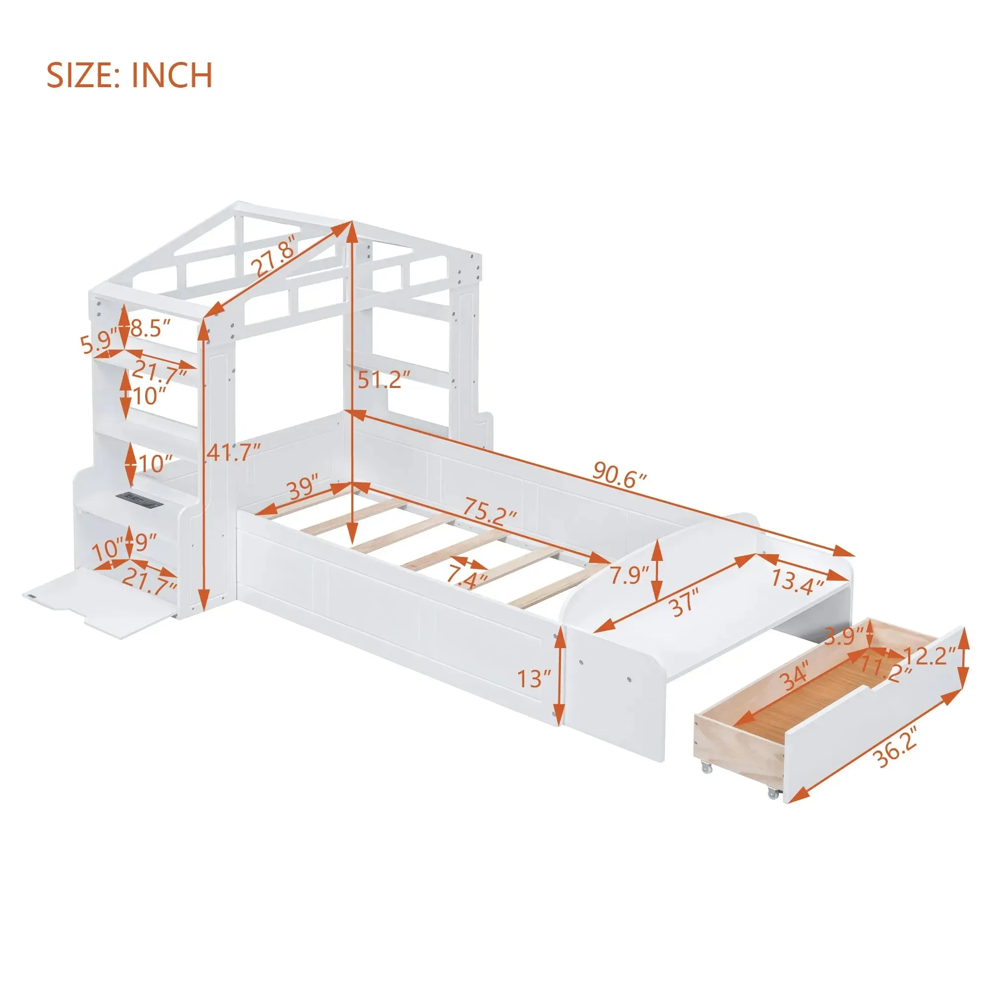 Bellemave® Twin Size House Bed with Bench, Socket and Shelve