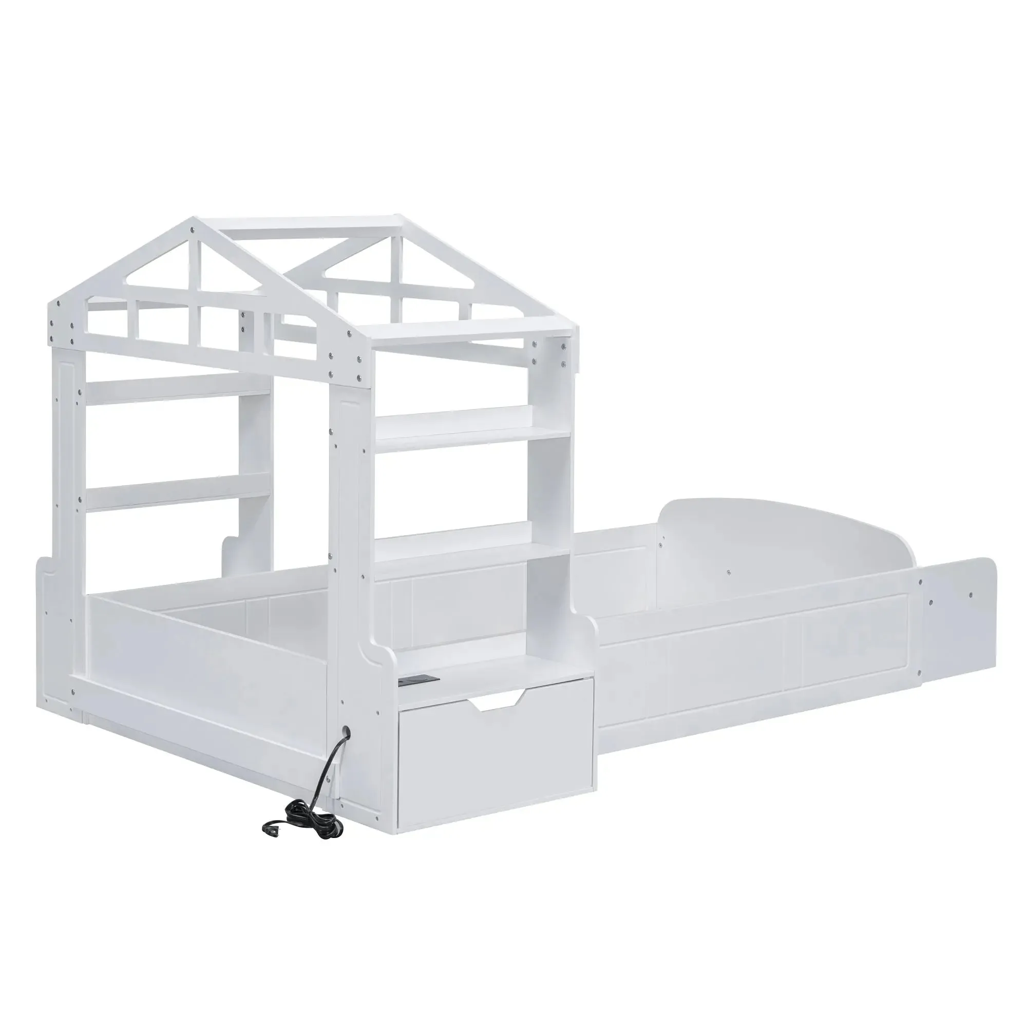 Bellemave® Twin Size House Bed with Bench, Socket and Shelve