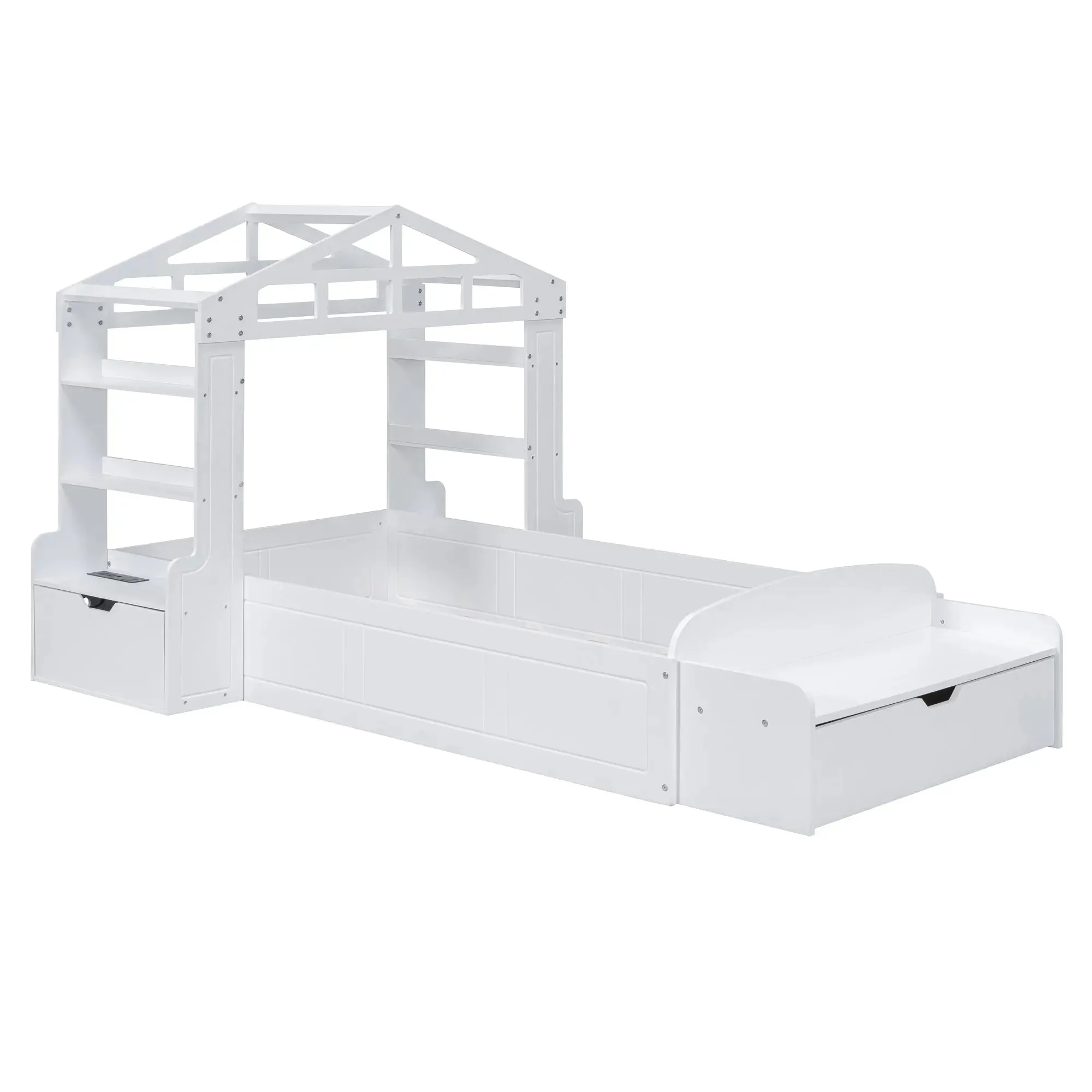 Bellemave® Twin Size House Bed with Bench, Socket and Shelve