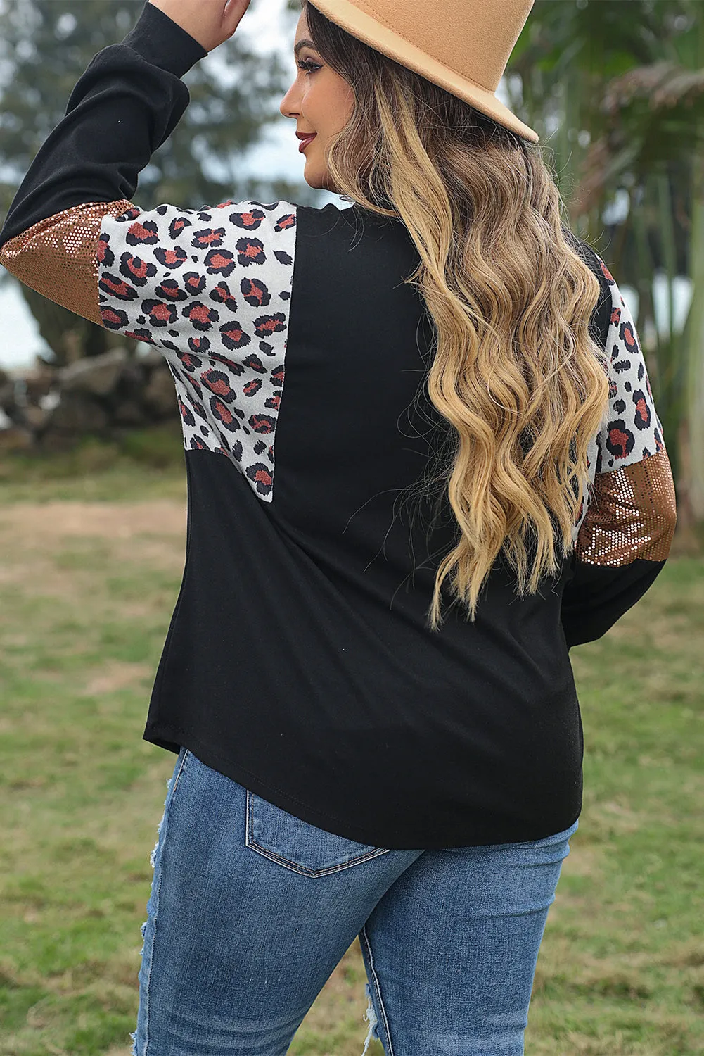 Black Leopard Sequin Patch Plus Size Long Sleeve Top