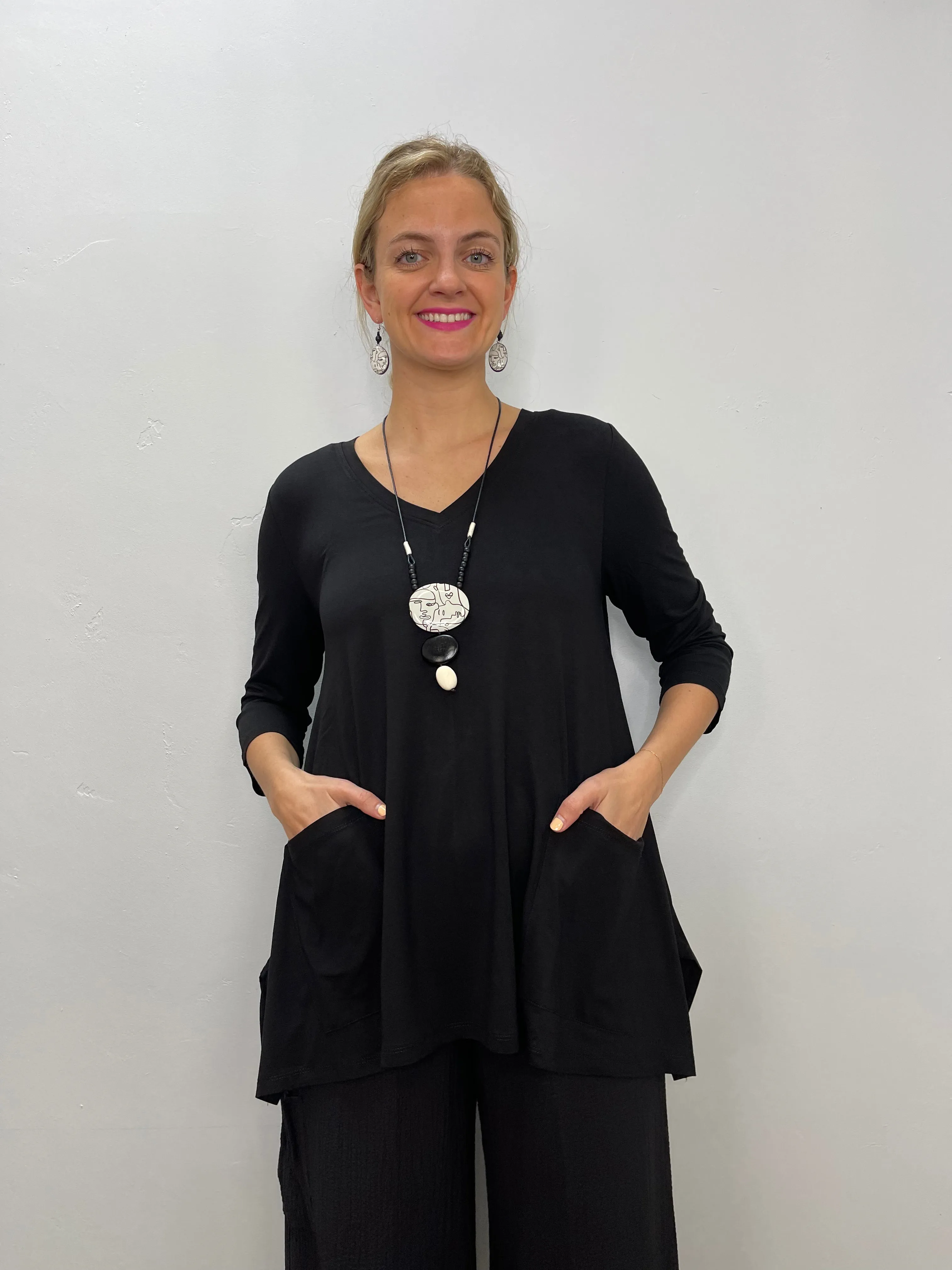 Black Tencel Jazz V Neck Tunic