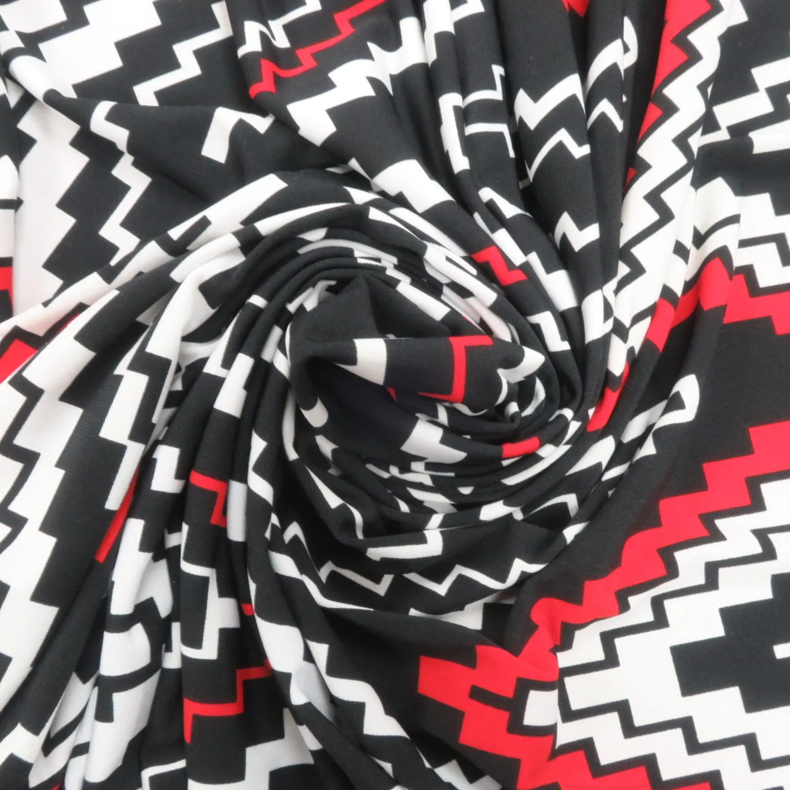 Black, White and Red Chevron Printed Jersey Stretch Fabric