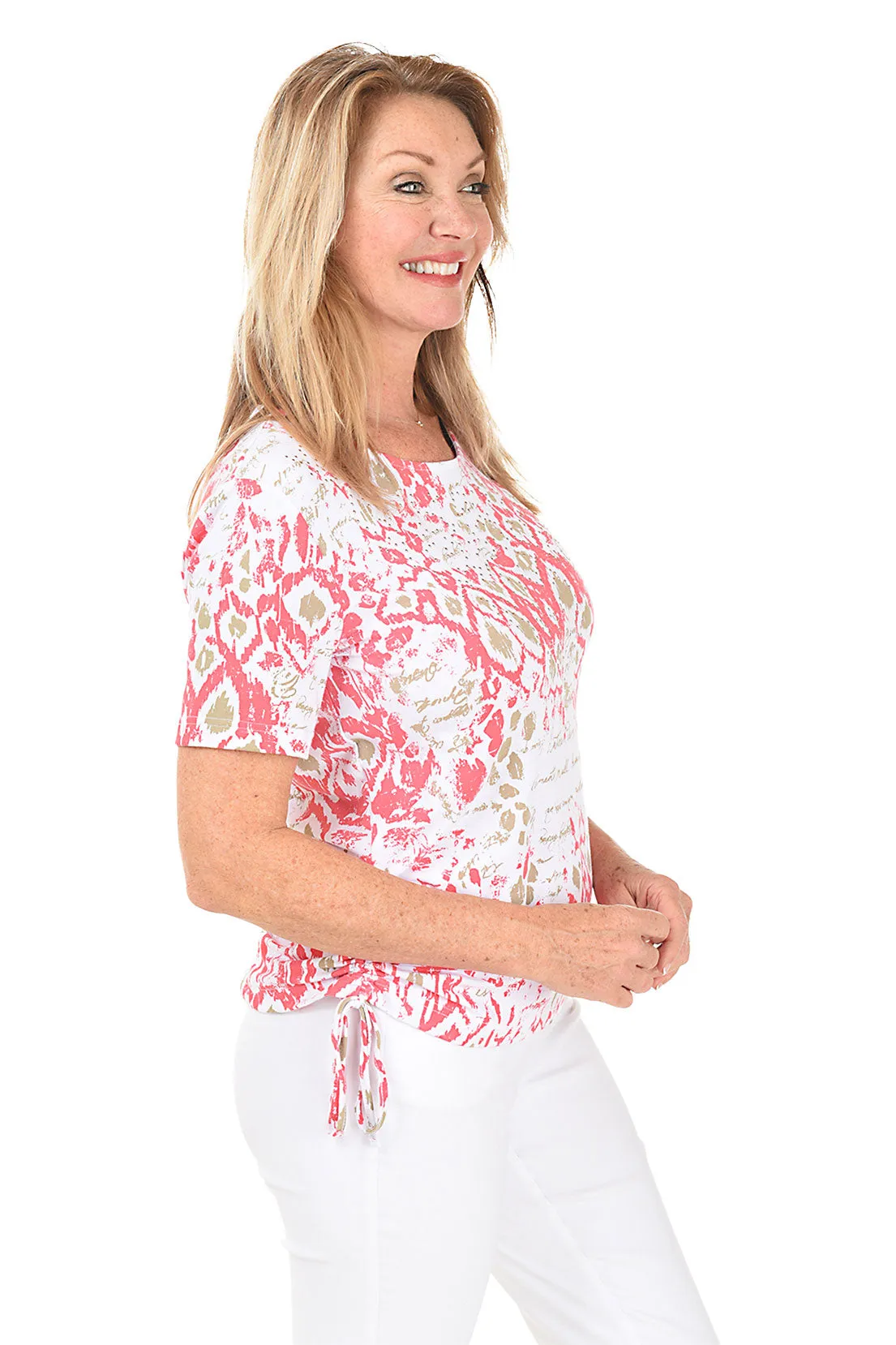 Coral Studded Calligraphy Side Shirred Top