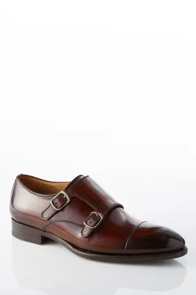 David August Leather Cap Toe Double Monk-strap Shoes in Whiskey Brown