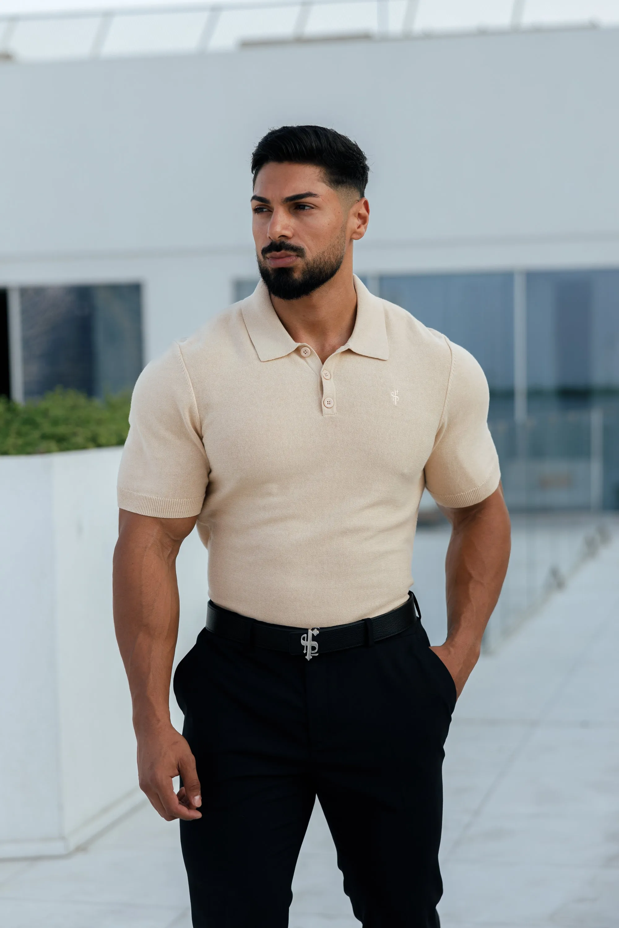 Father Sons Classic Plain Beige Knitted Polo Short Sleeve - FSN111