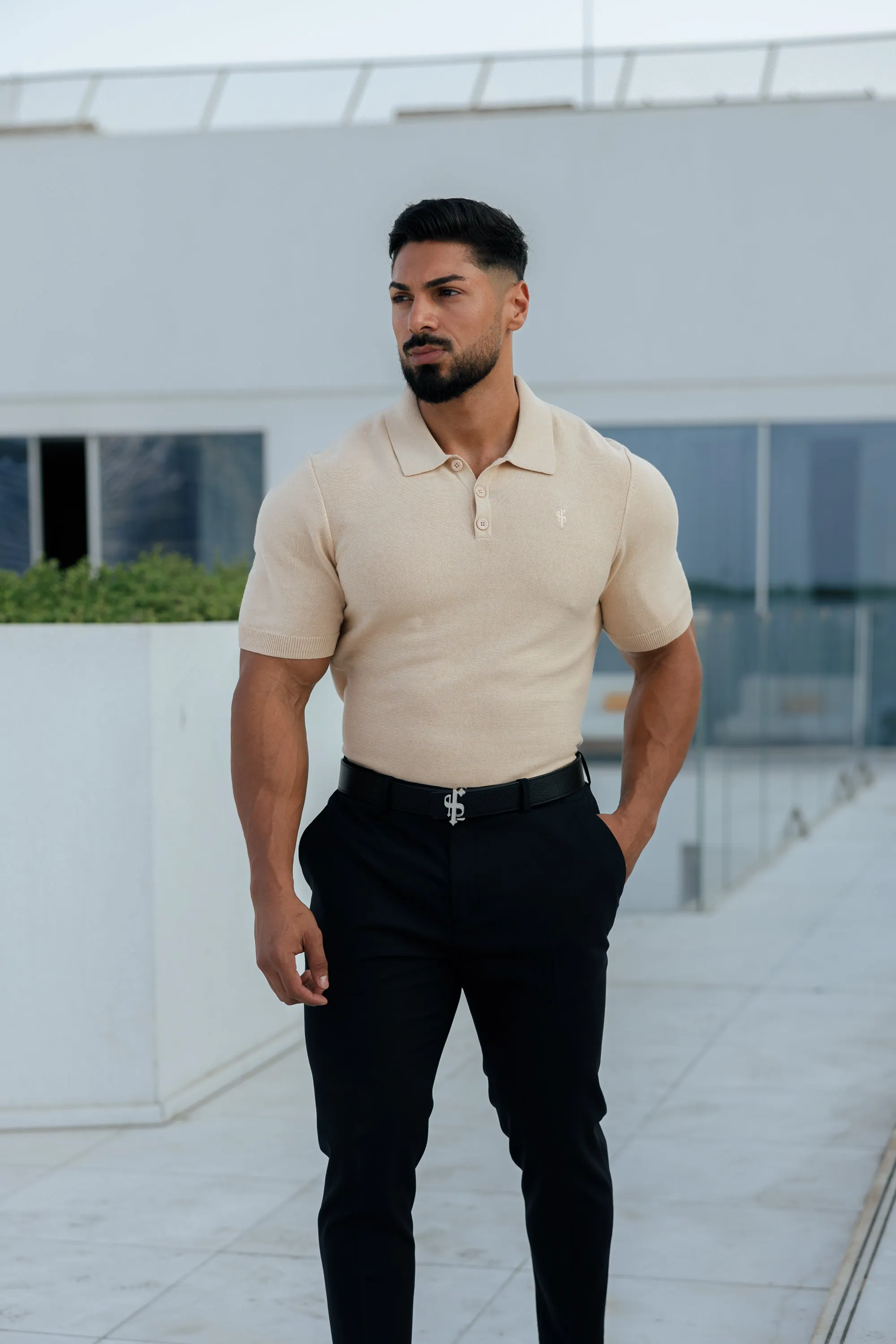 Father Sons Classic Plain Beige Knitted Polo Short Sleeve - FSN111