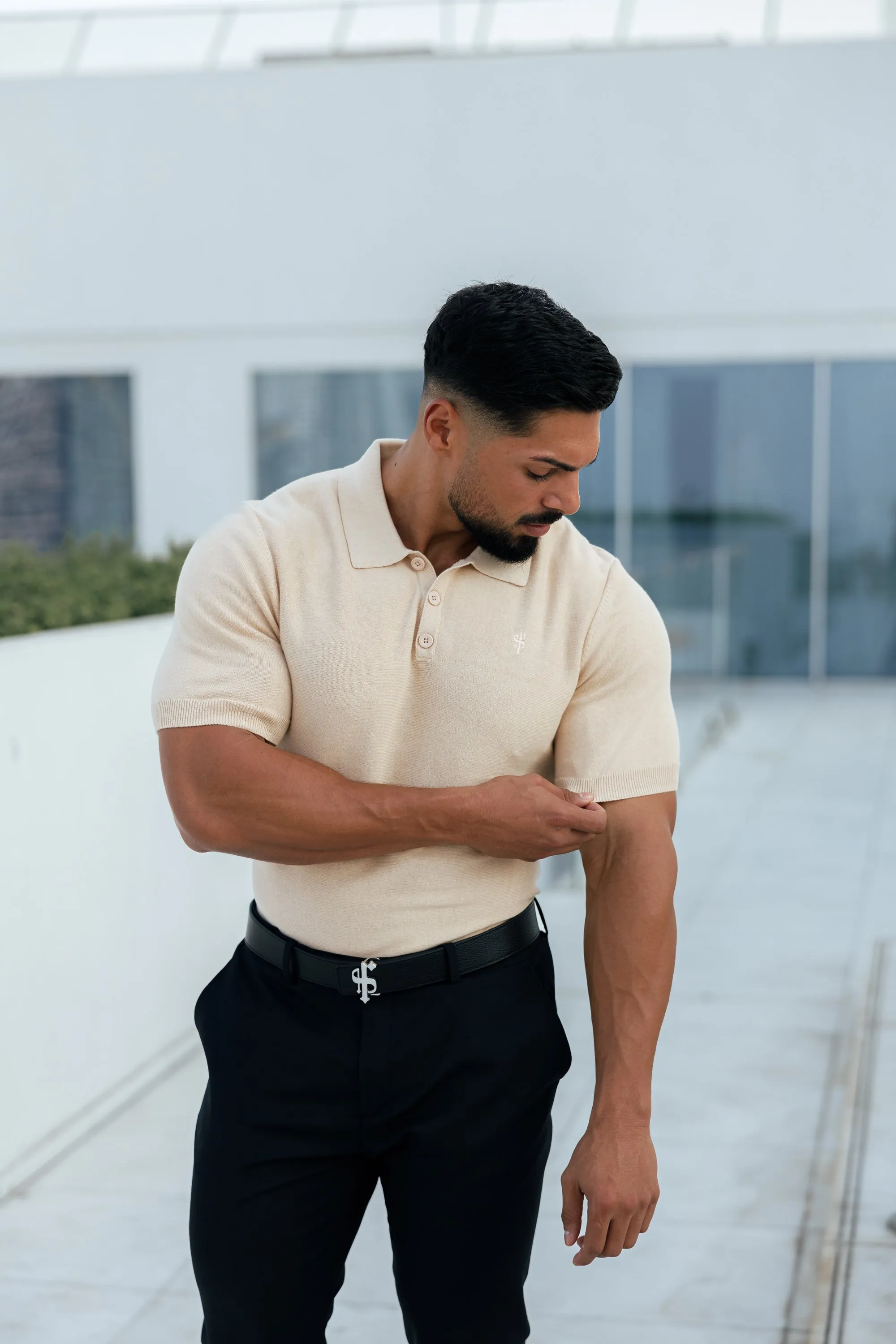 Father Sons Classic Plain Beige Knitted Polo Short Sleeve - FSN111