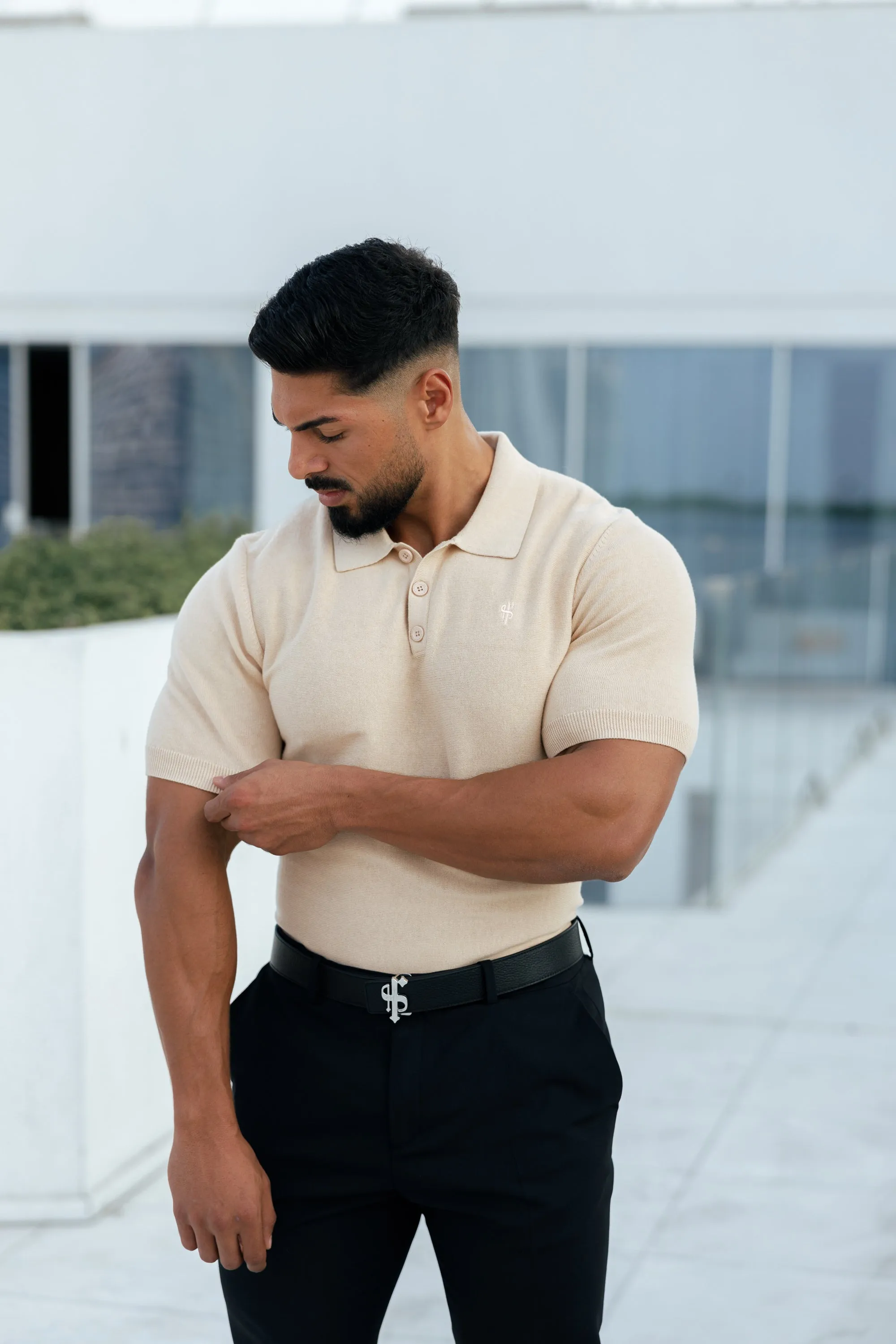 Father Sons Classic Plain Beige Knitted Polo Short Sleeve - FSN111