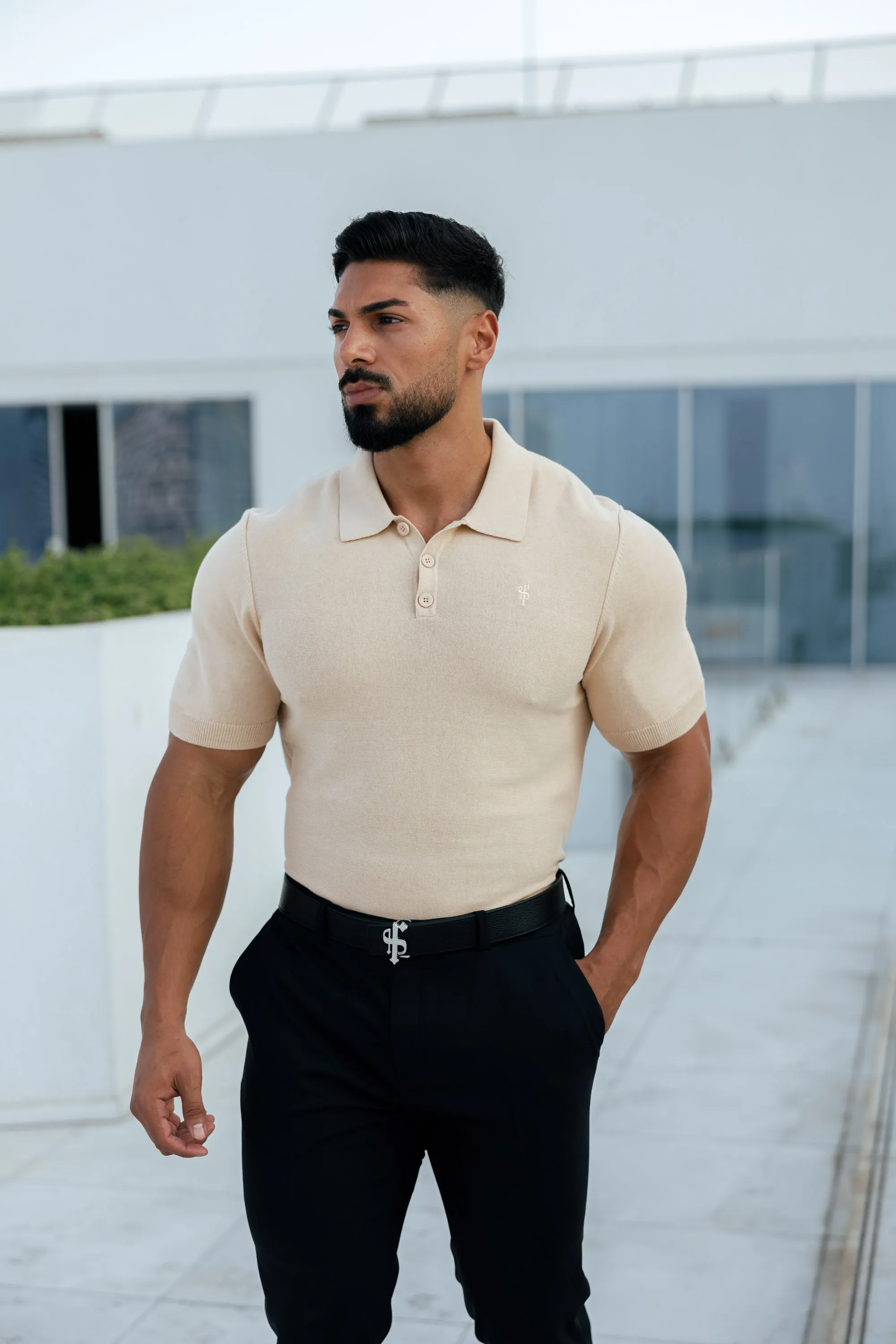 Father Sons Classic Plain Beige Knitted Polo Short Sleeve - FSN111