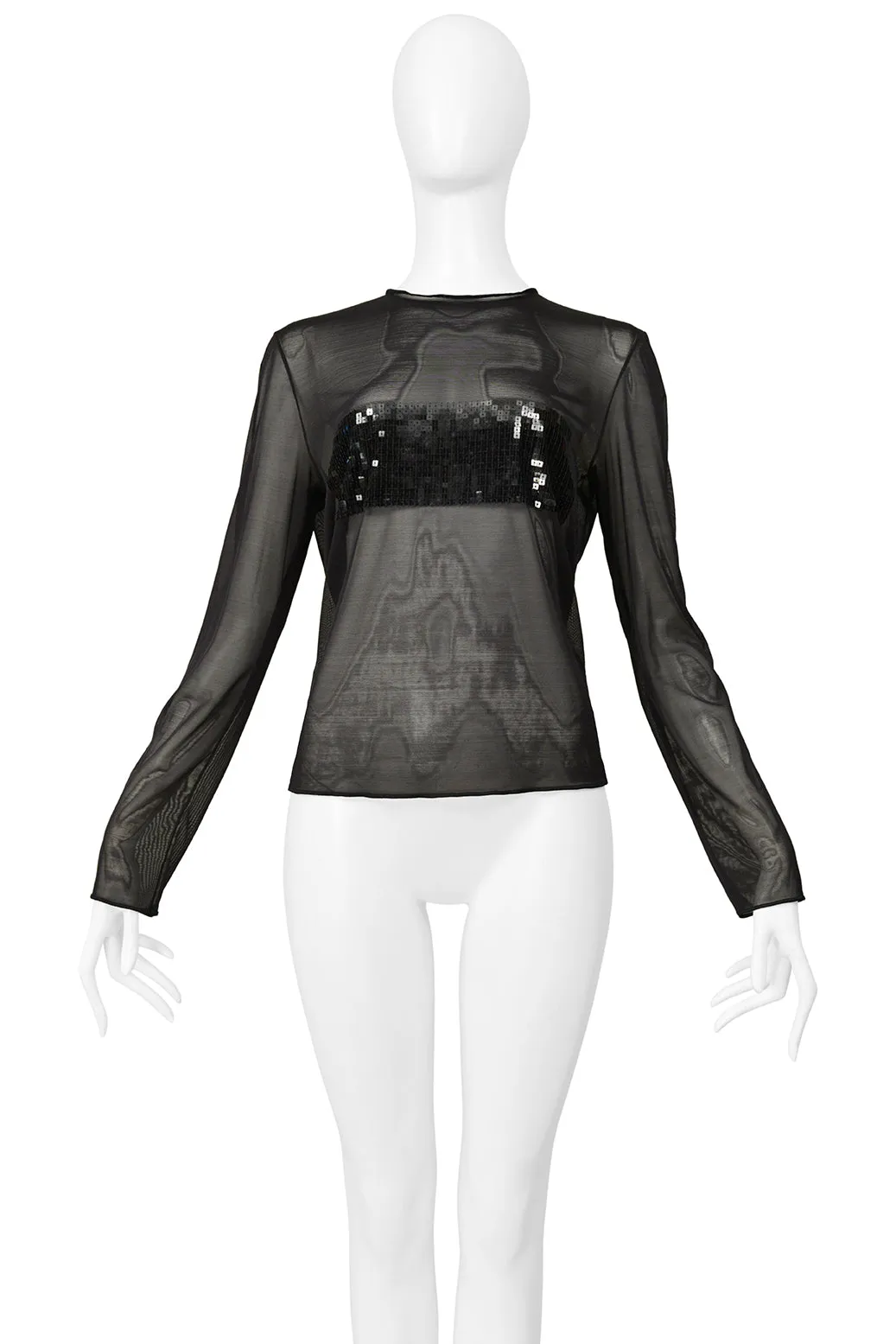 GIANFRANCO FERRE BLACK MESH LONG SLEEVE TOP WITH SEQUIN BAND