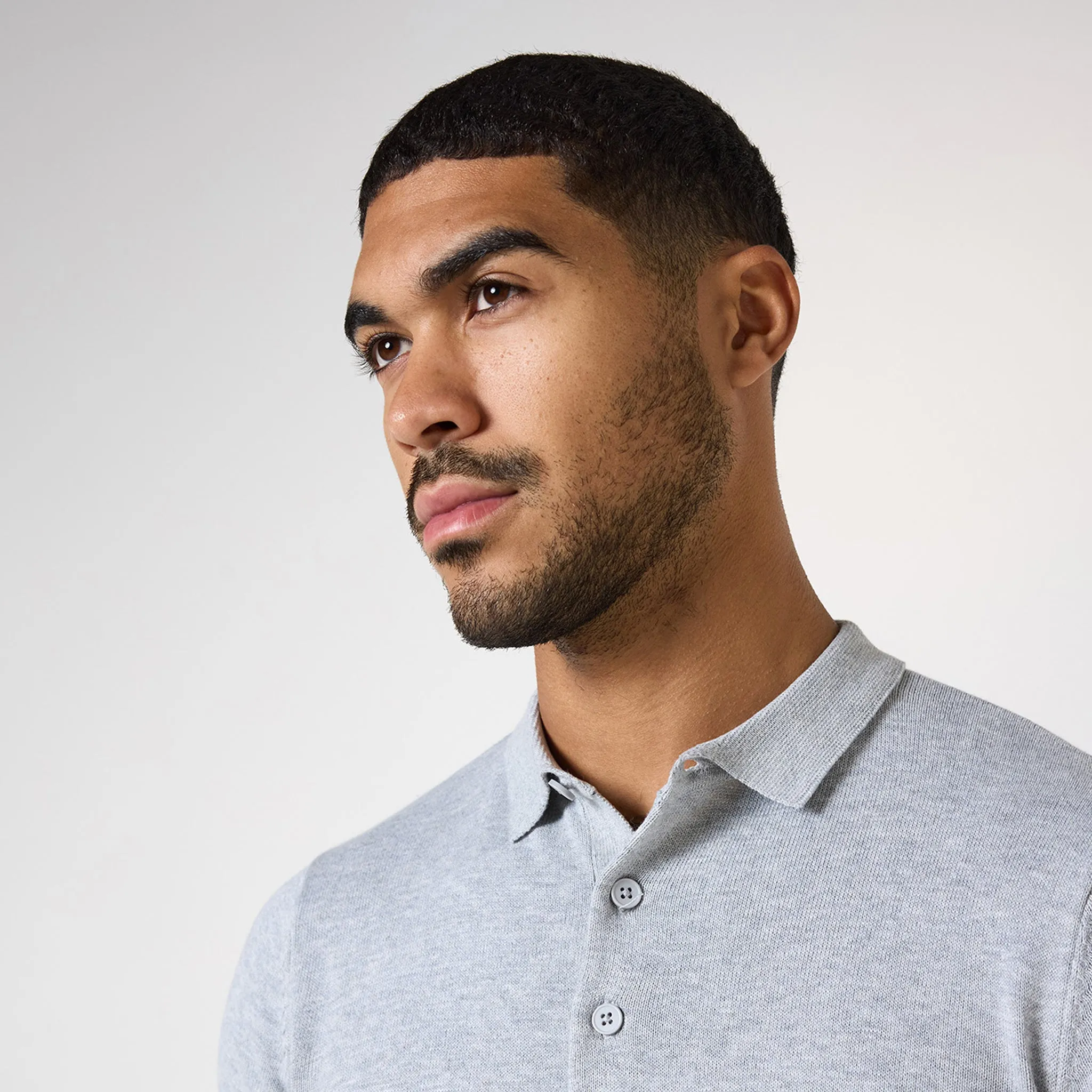 Long Sleeve Knitted Polo | Light Grey Marl