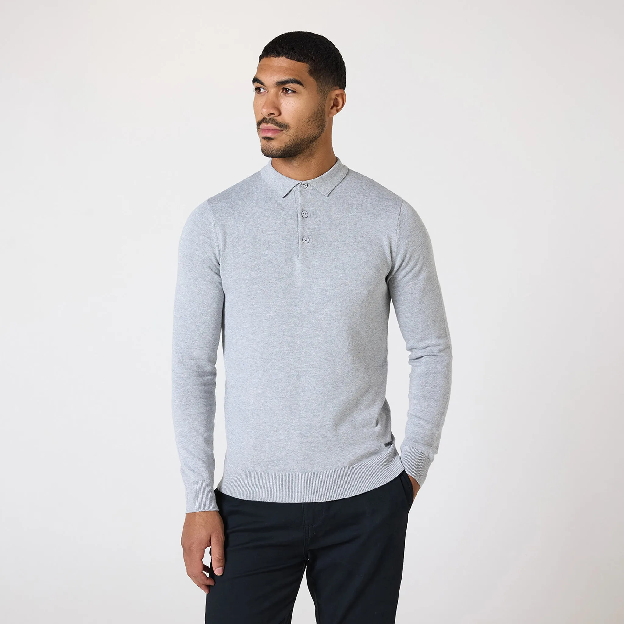 Long Sleeve Knitted Polo | Light Grey Marl