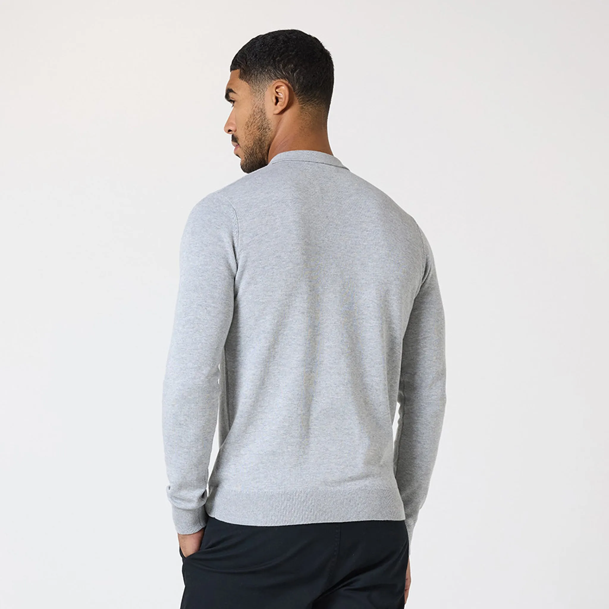 Long Sleeve Knitted Polo | Light Grey Marl