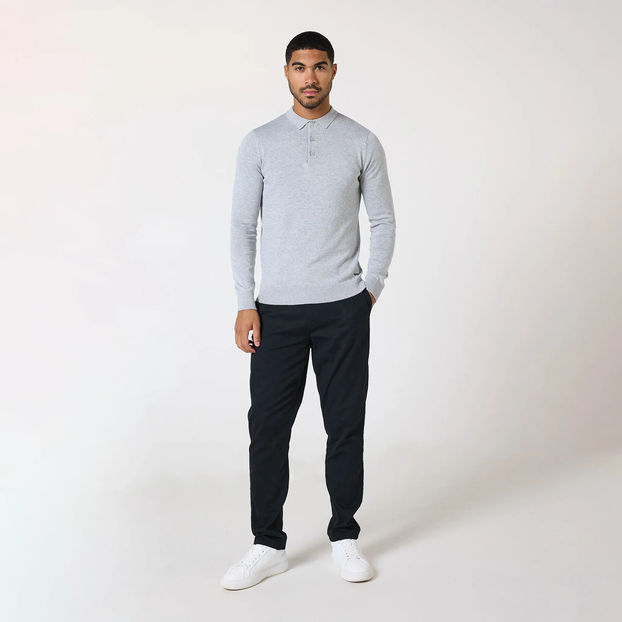 Long Sleeve Knitted Polo | Light Grey Marl