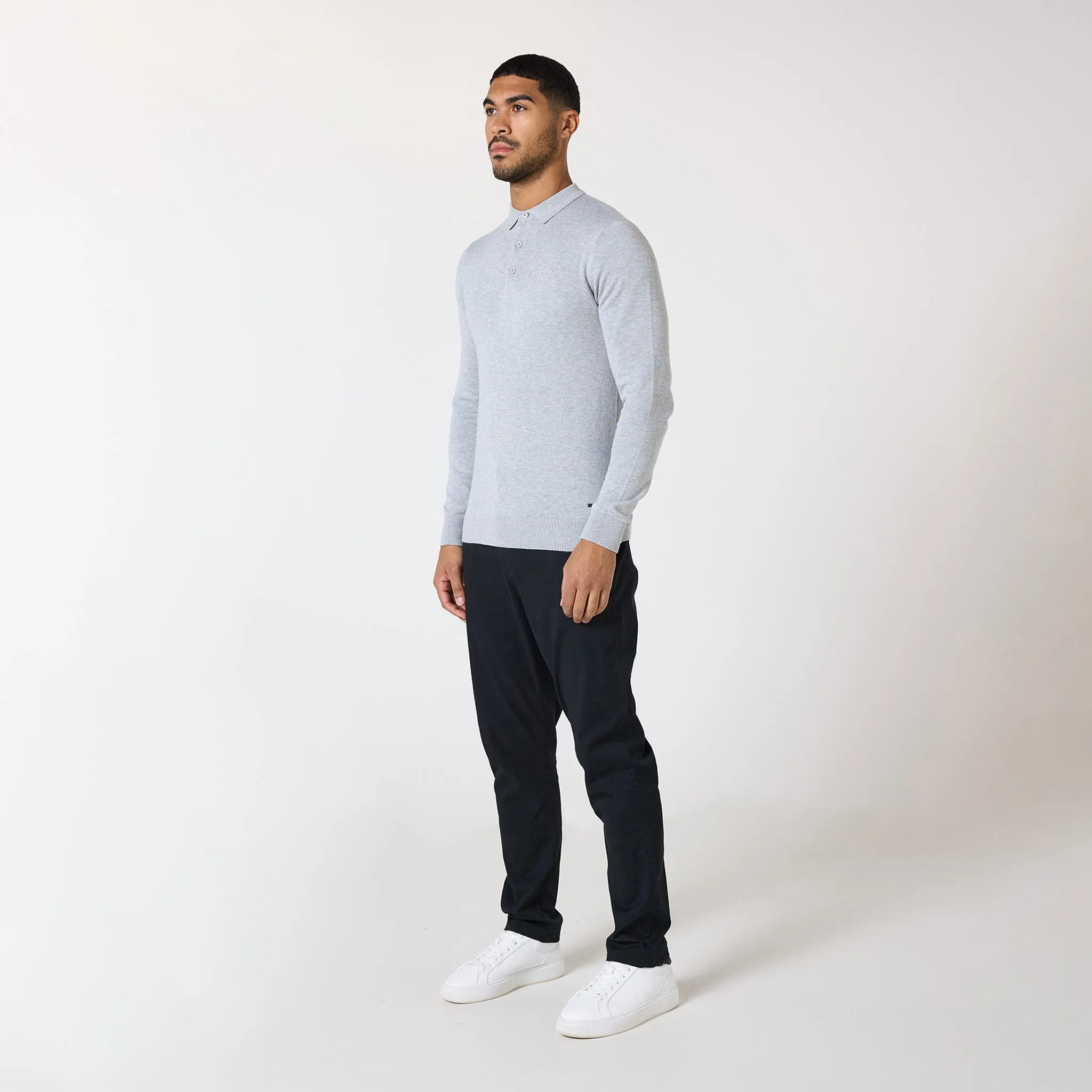 Long Sleeve Knitted Polo | Light Grey Marl