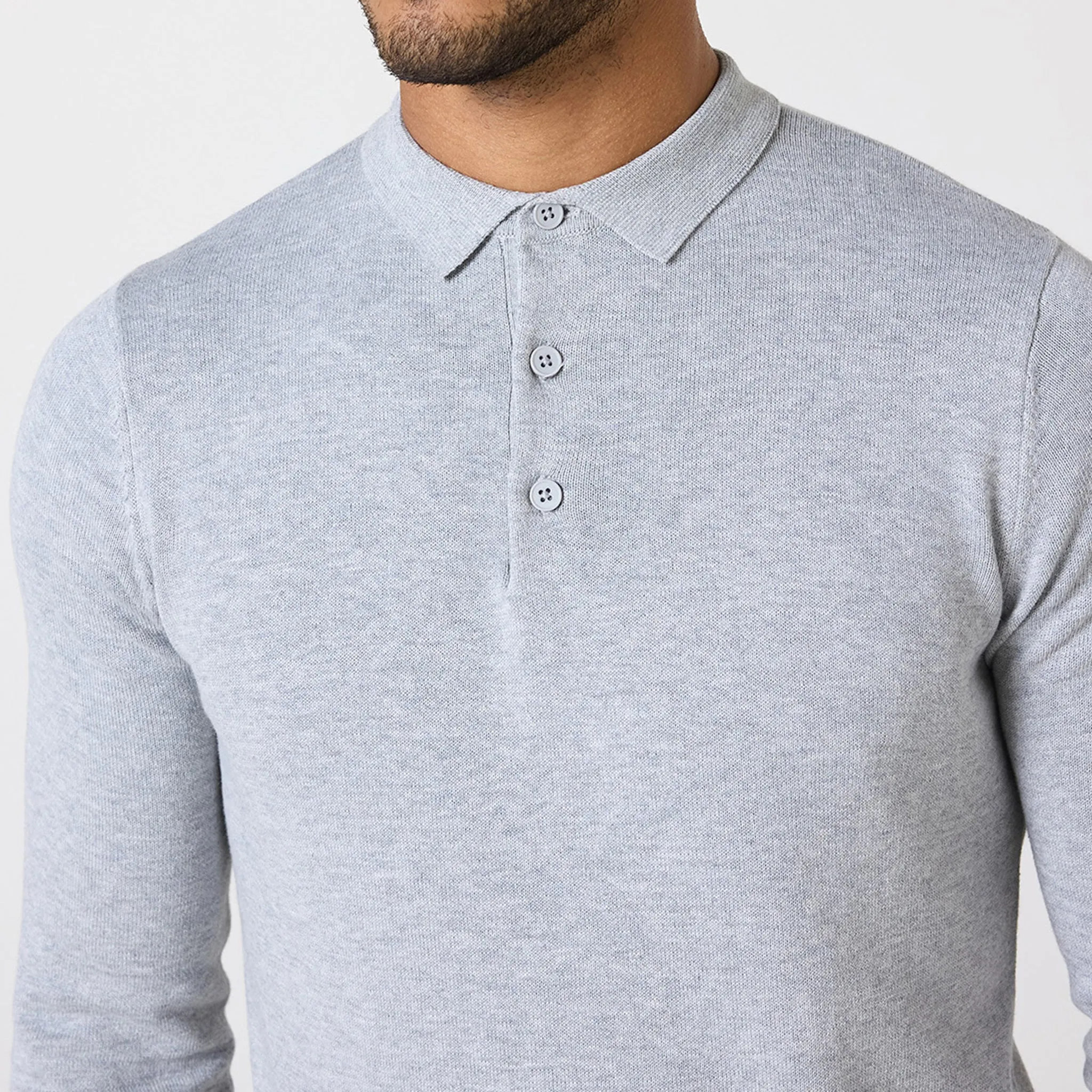 Long Sleeve Knitted Polo | Light Grey Marl