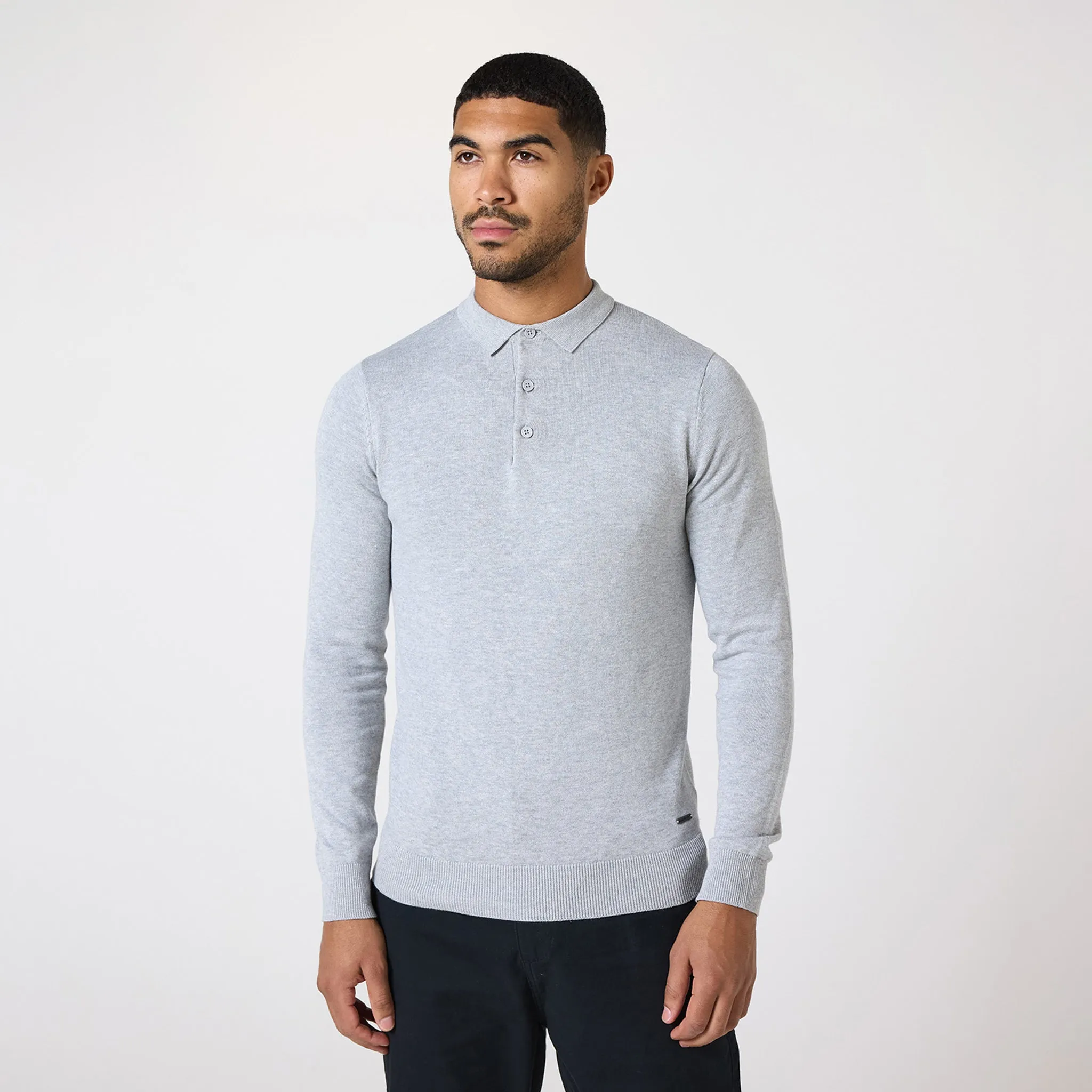 Long Sleeve Knitted Polo | Light Grey Marl