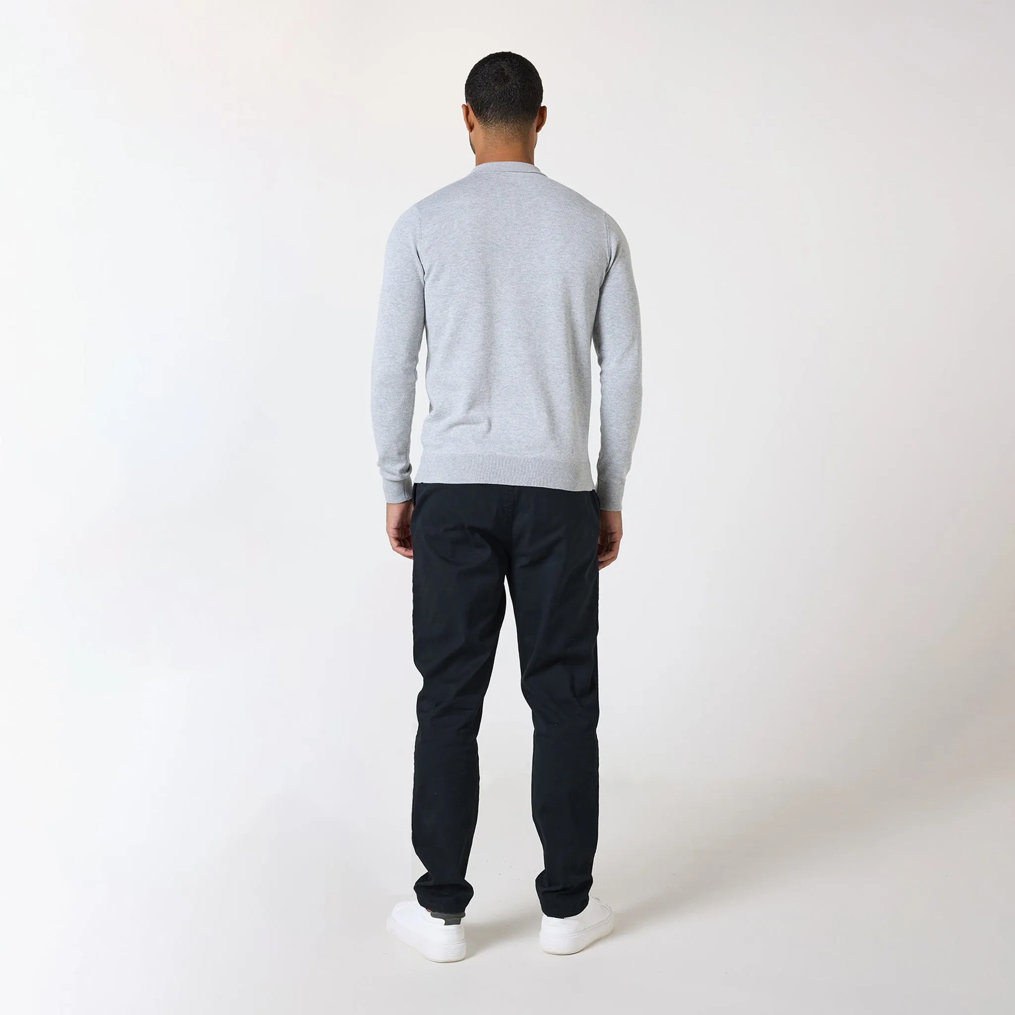 Long Sleeve Knitted Polo | Light Grey Marl