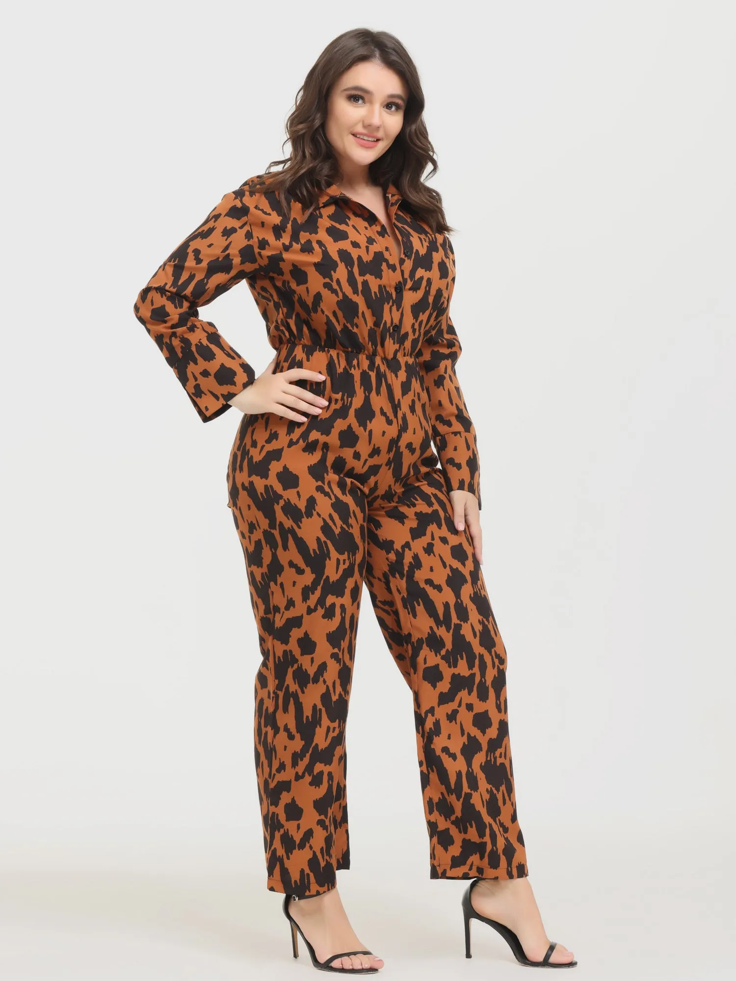 Midsize Fashion Leopard Print Long Sleeve Jumpsuit