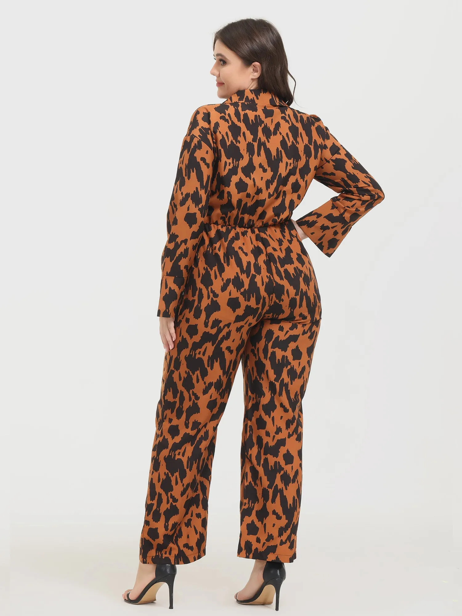 Midsize Fashion Leopard Print Long Sleeve Jumpsuit