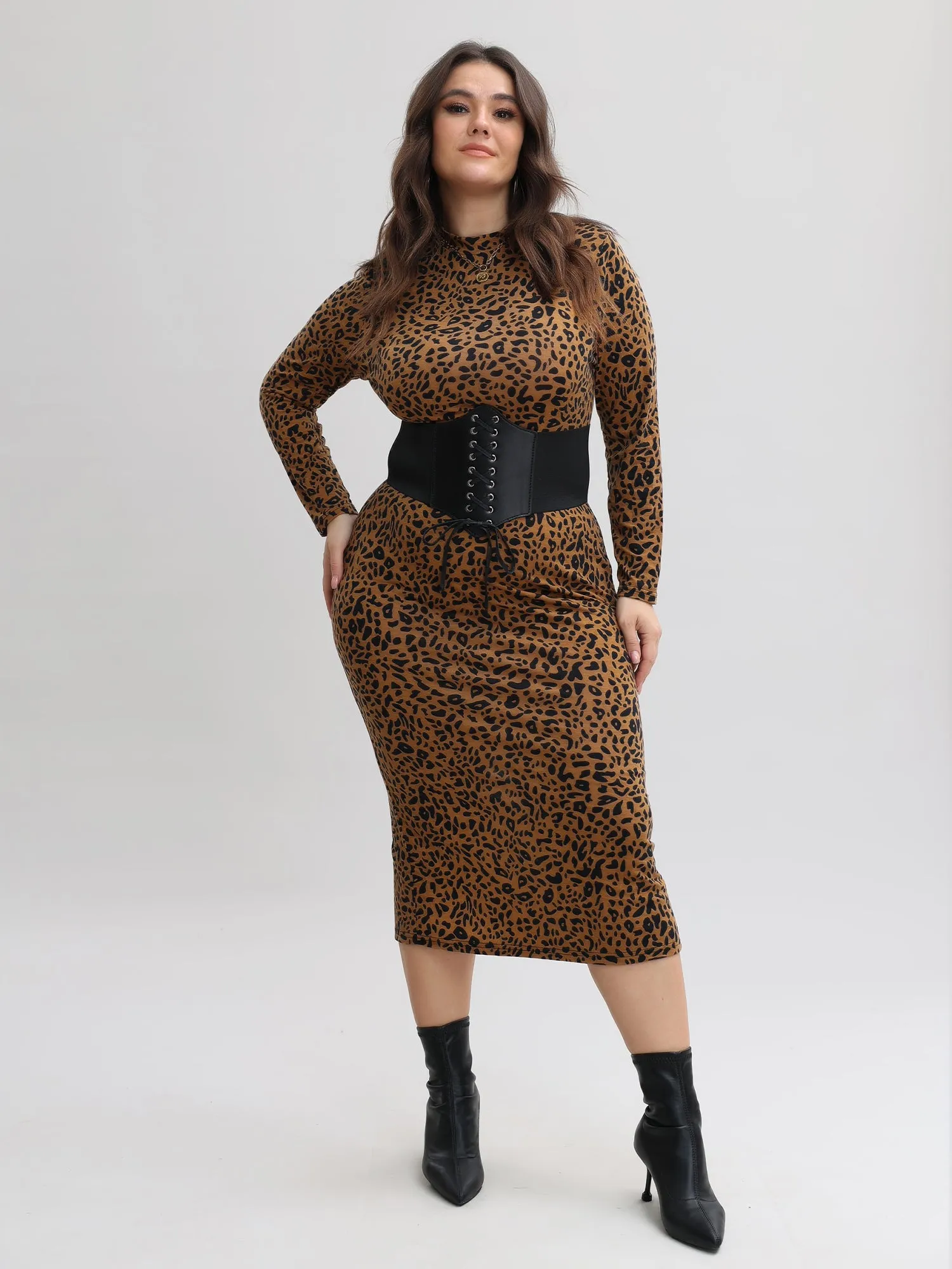 Midsize Leopard Tunic Long Sleeve Dress with Back Split