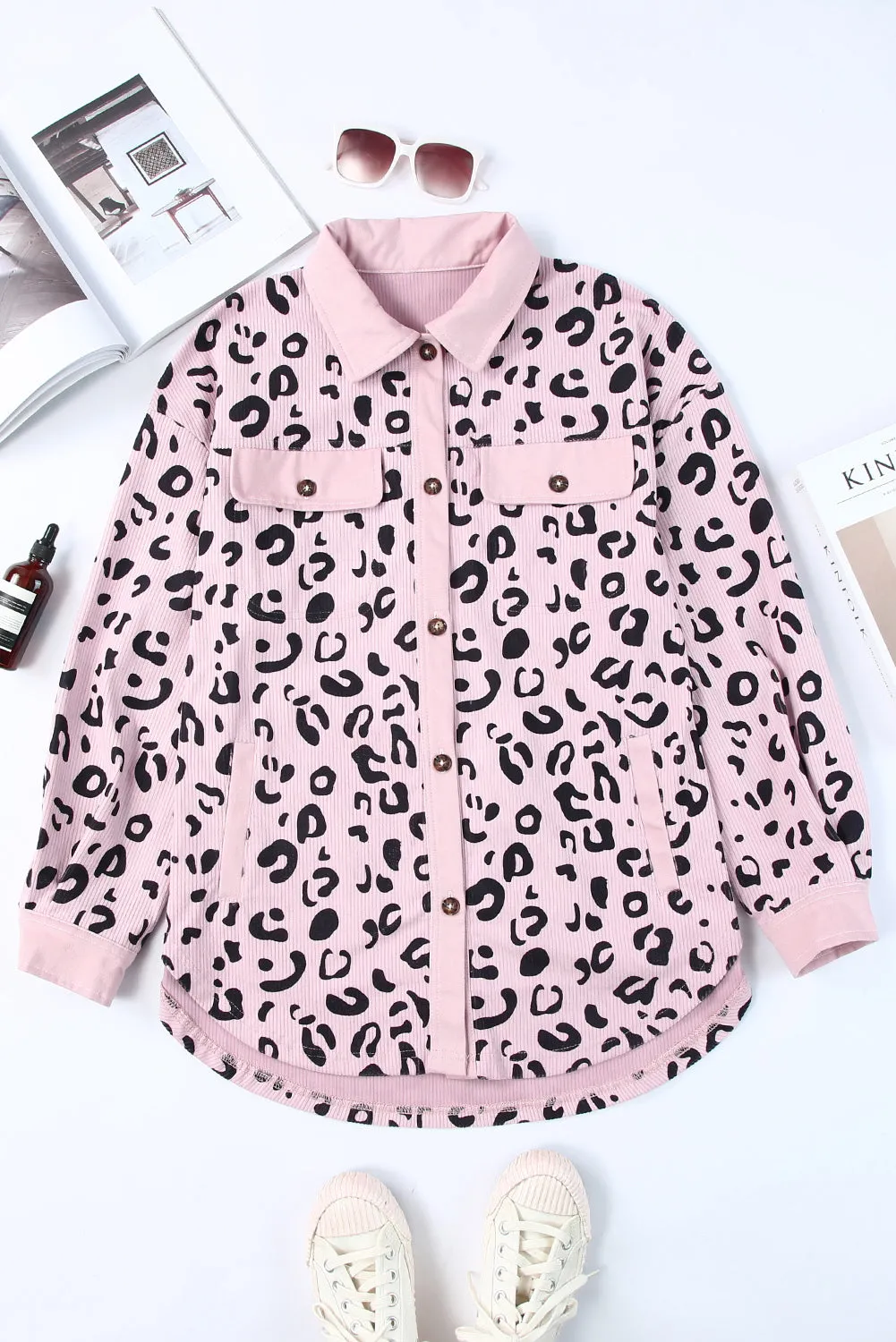 Pink Collared Neckline Flap Pockets Leopard Corduroy Jacket