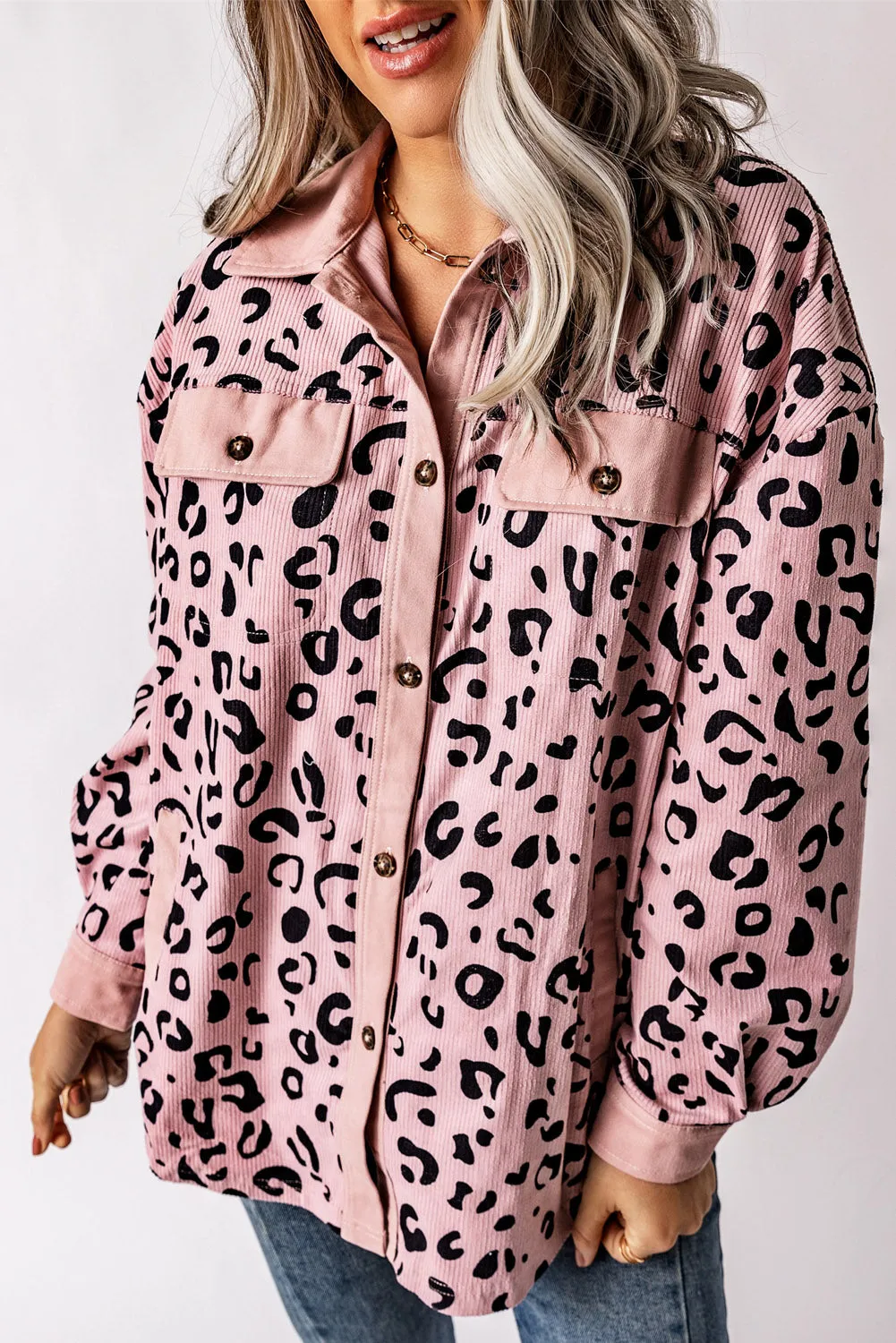 Pink Collared Neckline Flap Pockets Leopard Corduroy Jacket