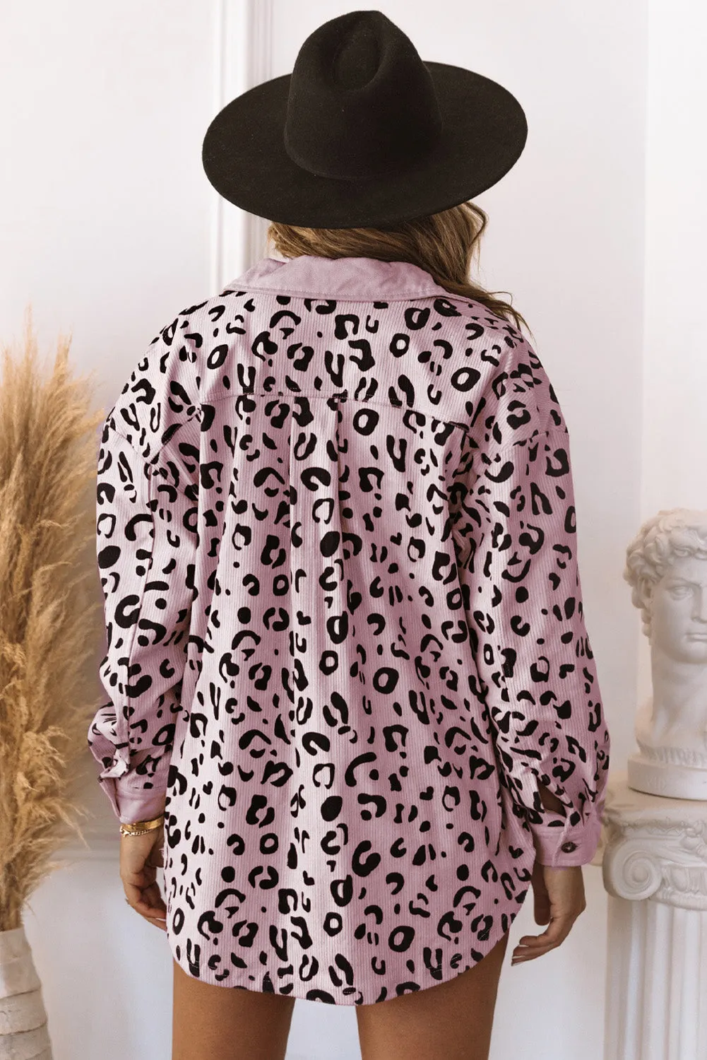 Pink Collared Neckline Flap Pockets Leopard Corduroy Jacket