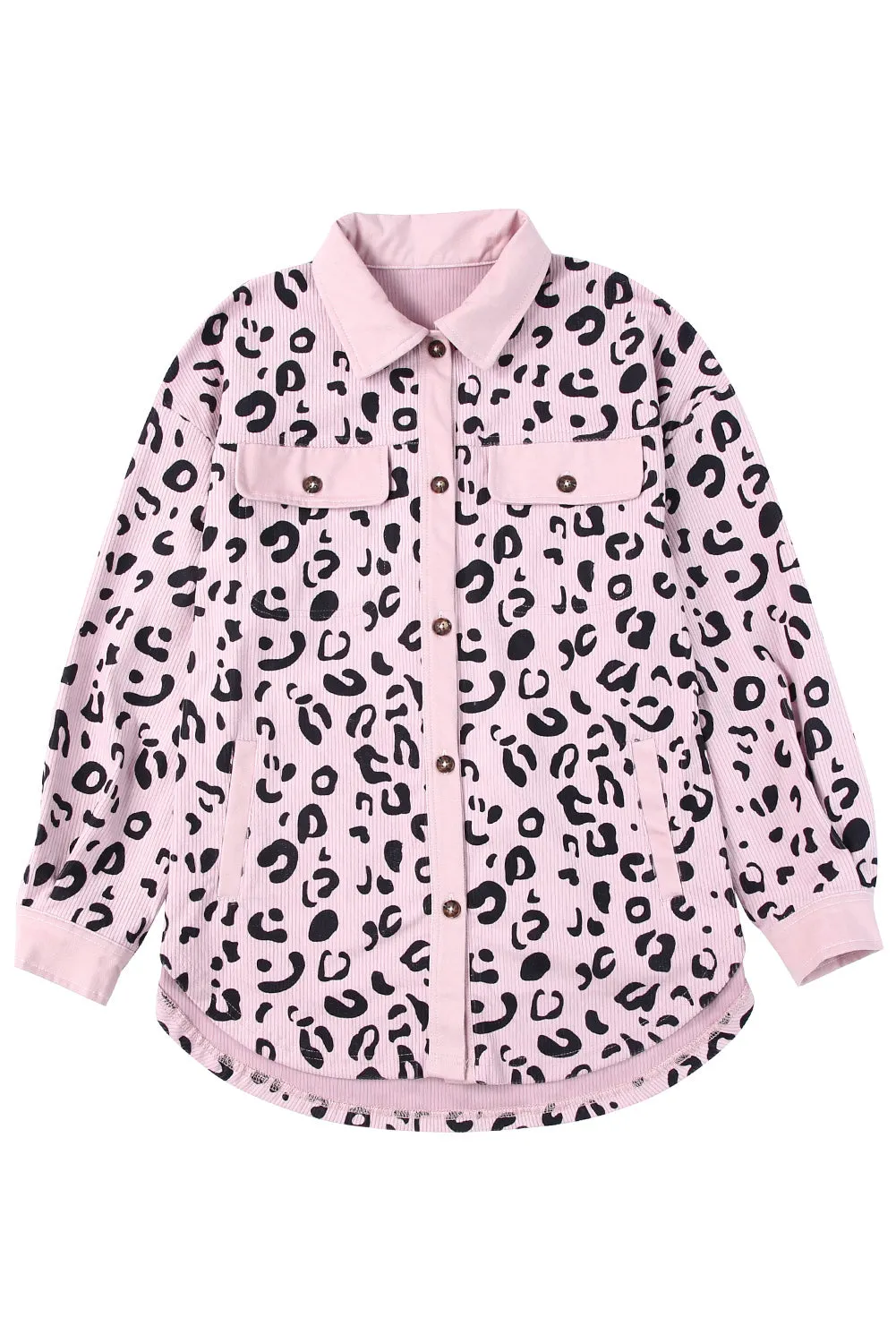 Pink Collared Neckline Flap Pockets Leopard Corduroy Jacket