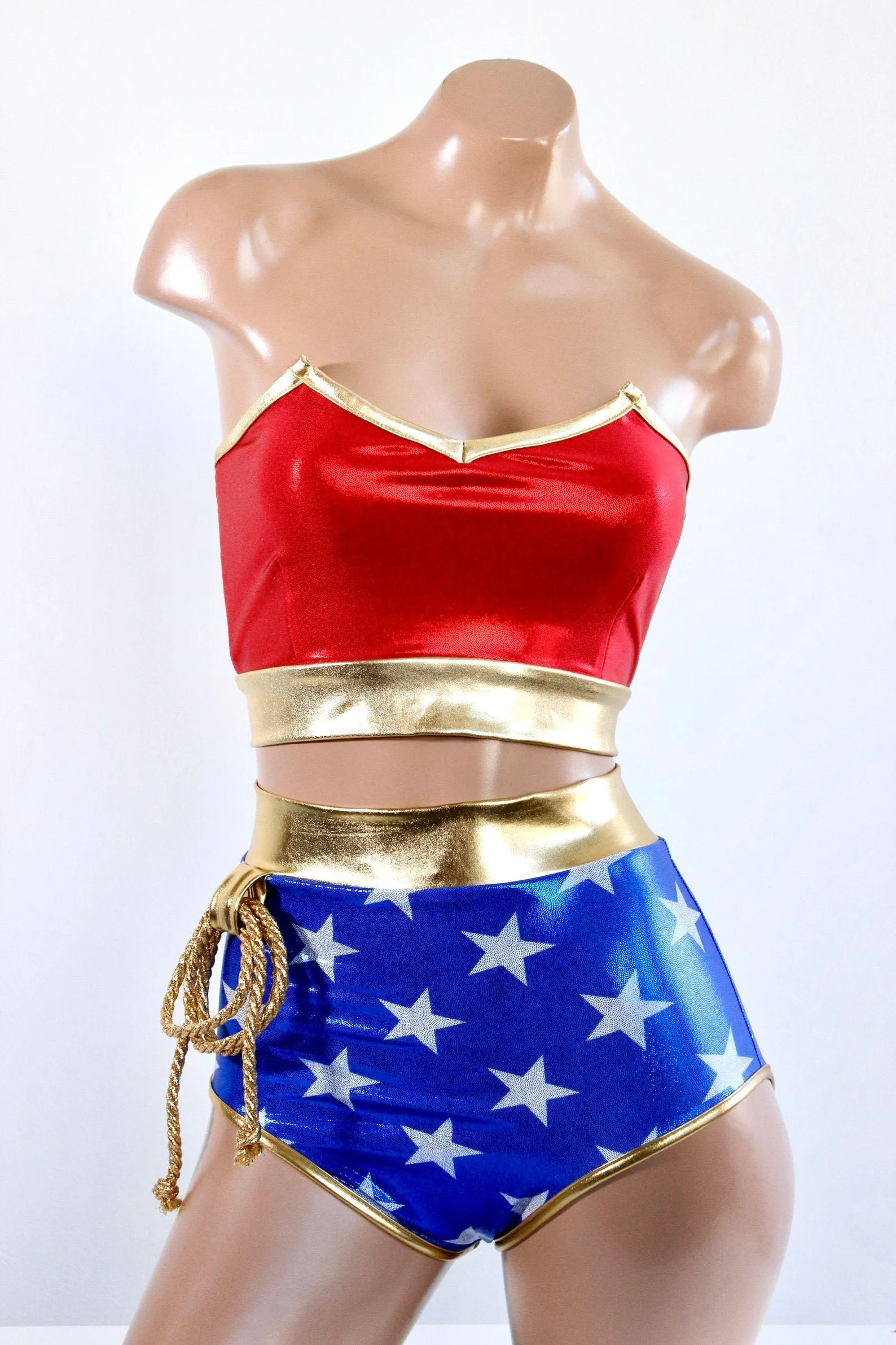 Star Superheroine Bustier Top and Classic Bottoms with Gold Trim Set with Lasso