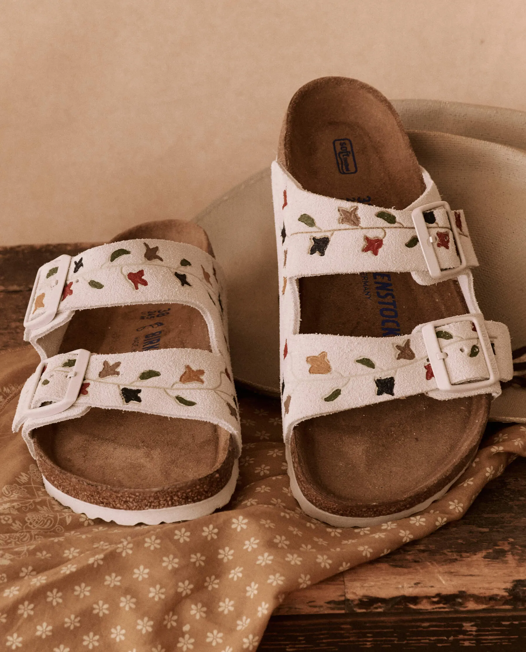 The BIRKENSTOCK Arizona with Hand Painted Tooled Tulip. -- Antique White with Multi